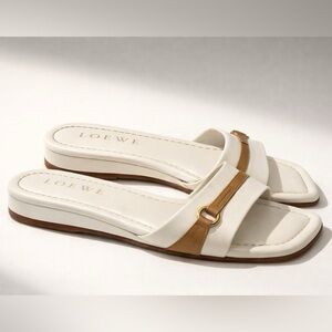 Loewe VTG Leather Wedge Slides, buckles, Cream/Tan, 35 (runs bigger), EUC